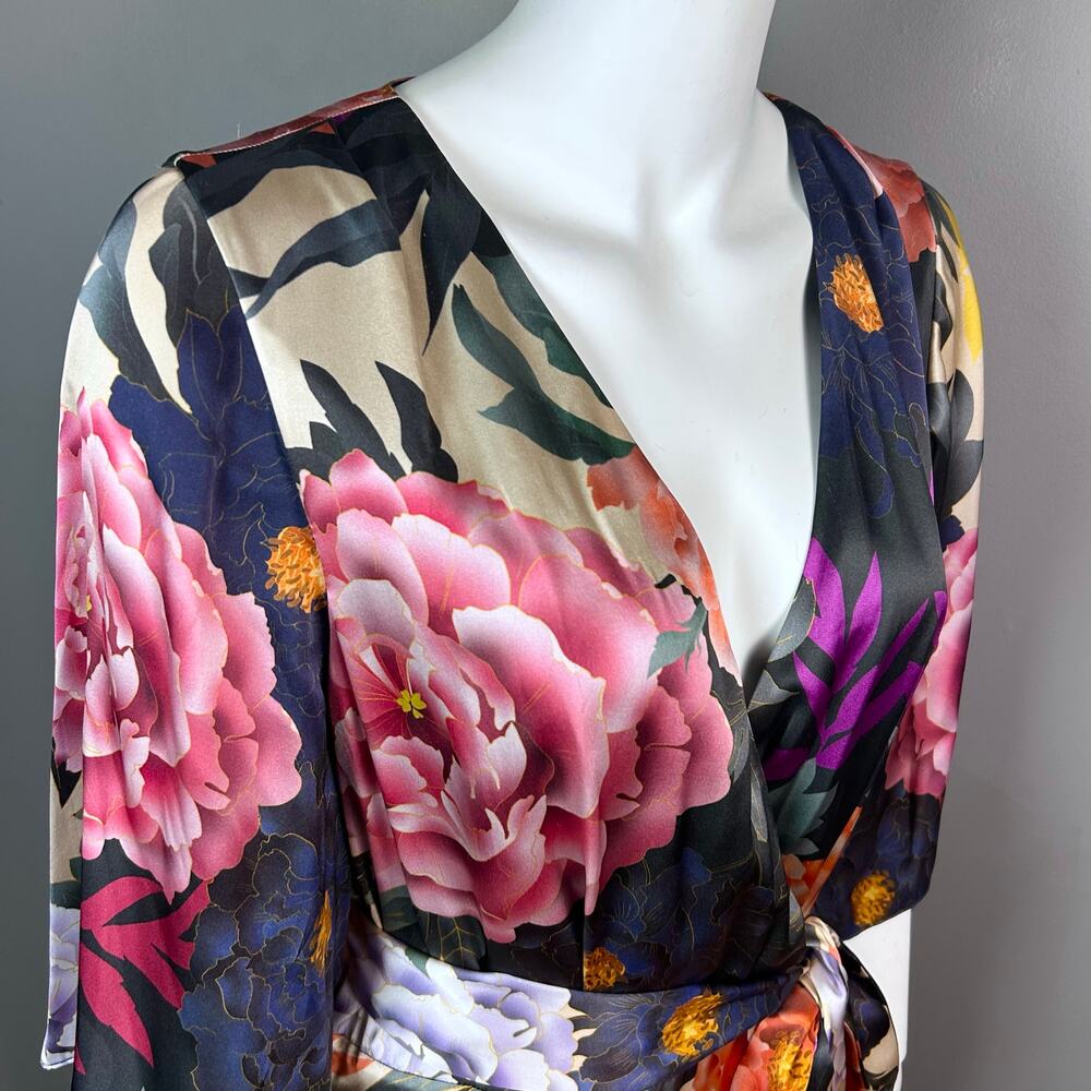 Kobi Halperin Wrap Dress XL Floral Silk-Blend Faux Kimono NWT Asian Fringe Boho - Picture 12 of 16